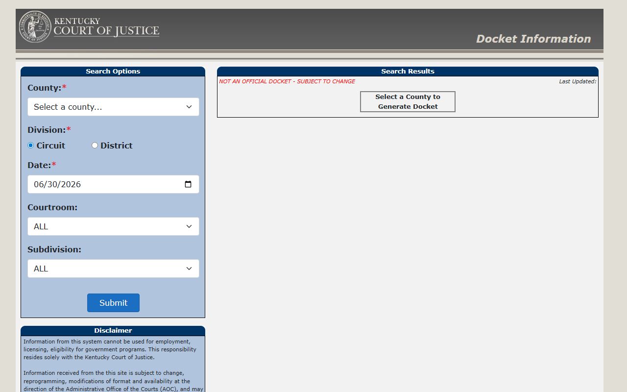 Harrison County court docket search controls